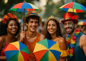 Grupo de jovens sorrindo com fantasias coloridas e sombrinhas de Carnaval ao ar livre
