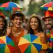 Grupo de jovens sorrindo com fantasias coloridas e sombrinhas de Carnaval ao ar livre