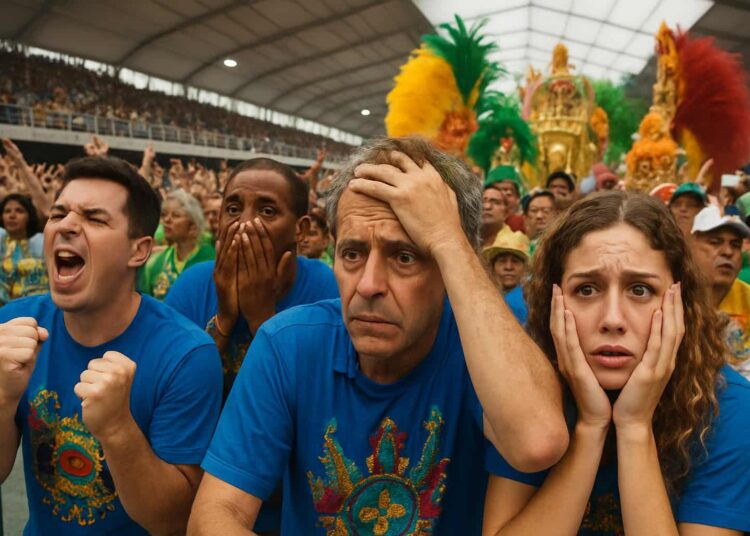 Grupo de pessoas com expressões tensas usando camisetas azuis observando desfile carnavalesco