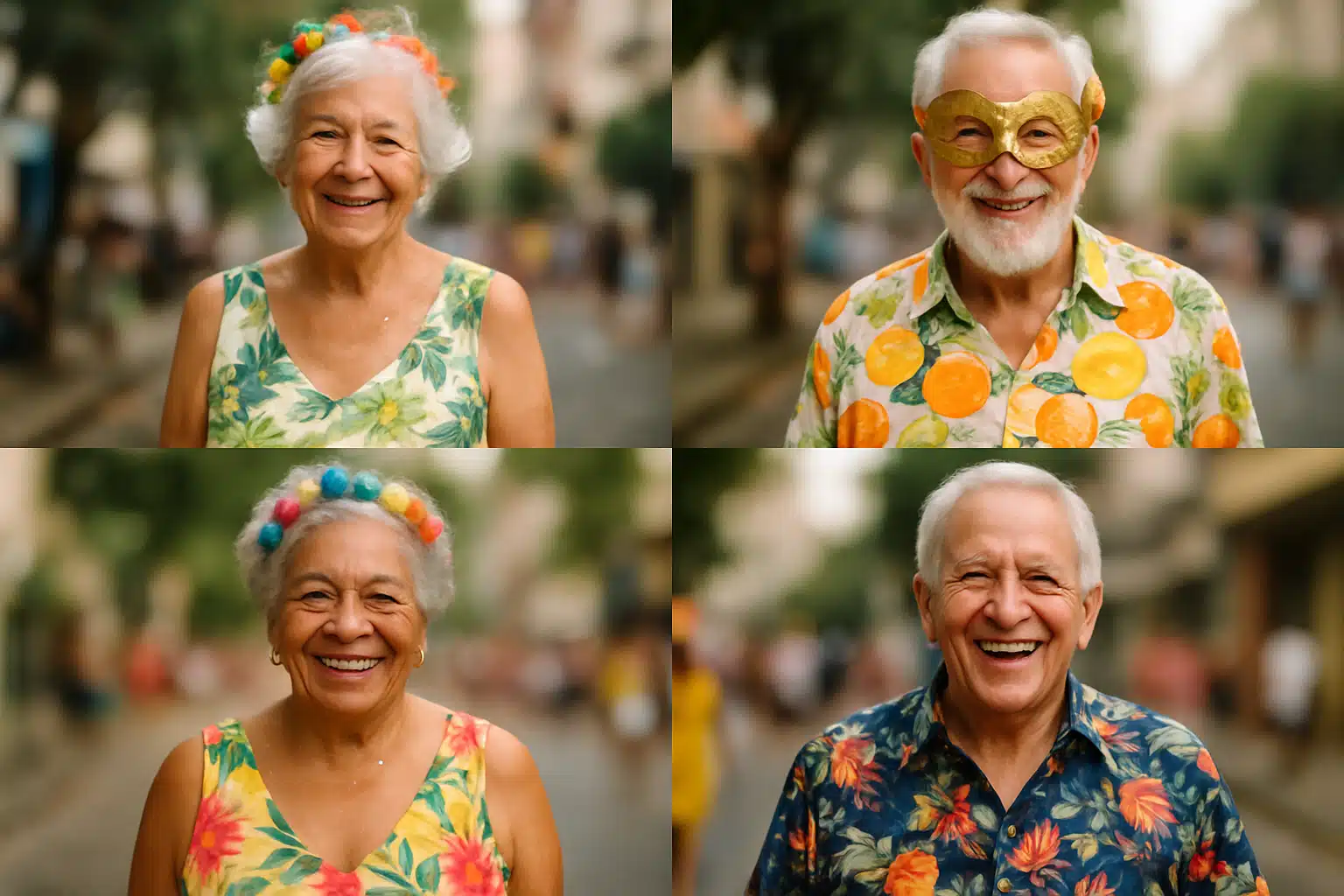 Idosos sorridentes usando looks estampados e frescos no bloquinho 60+