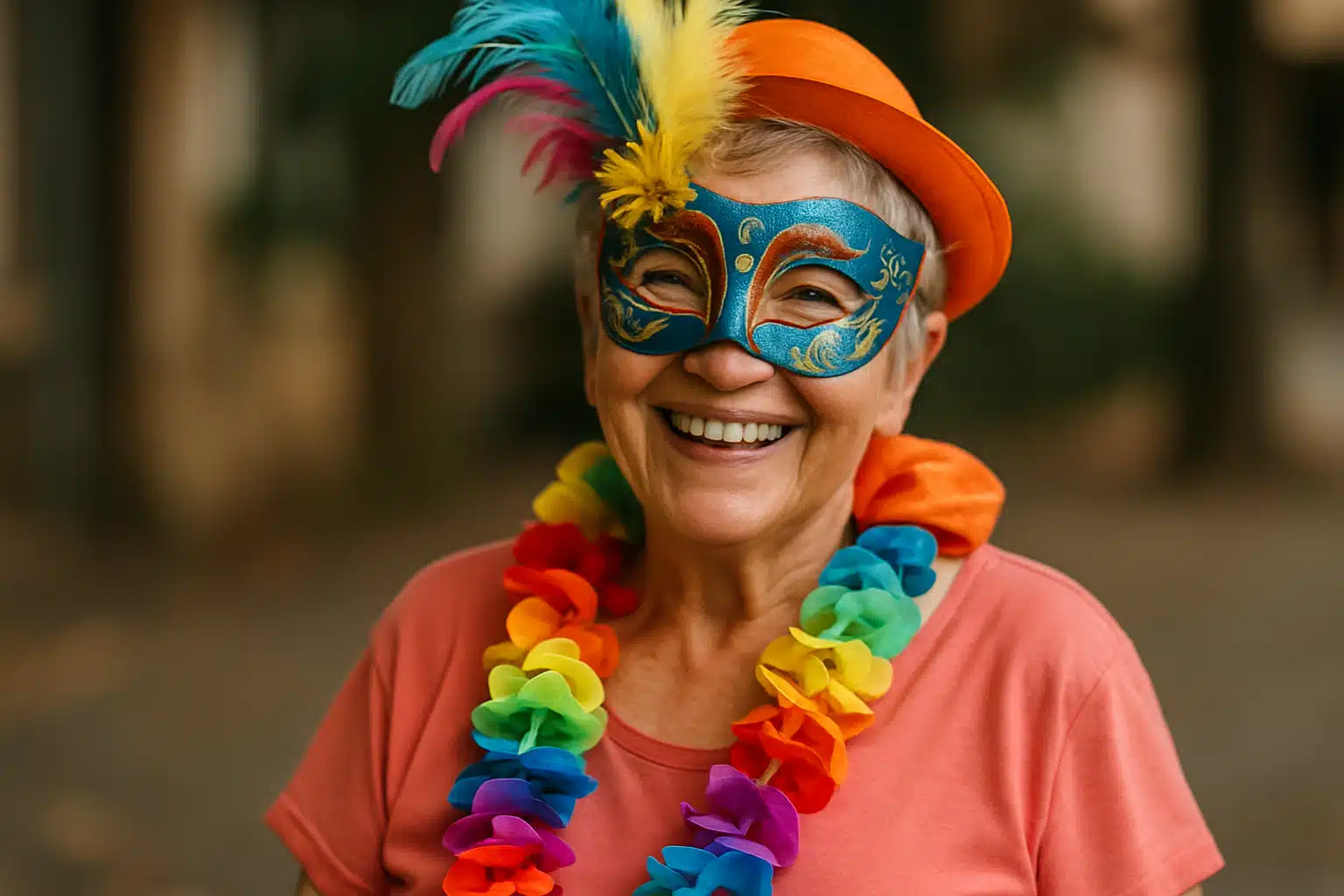 Mulher sorridente usando máscara azul com penas, chapéu laranja e colar colorido de flores