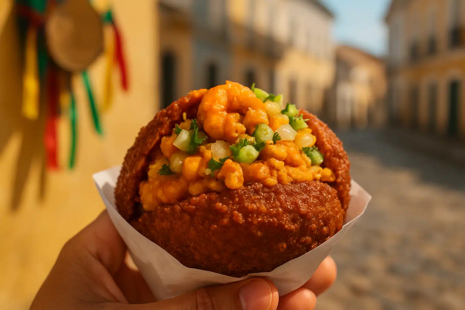 Mão segurando acarajé recheado com vatapá e camarão em rua decorada para o carnaval