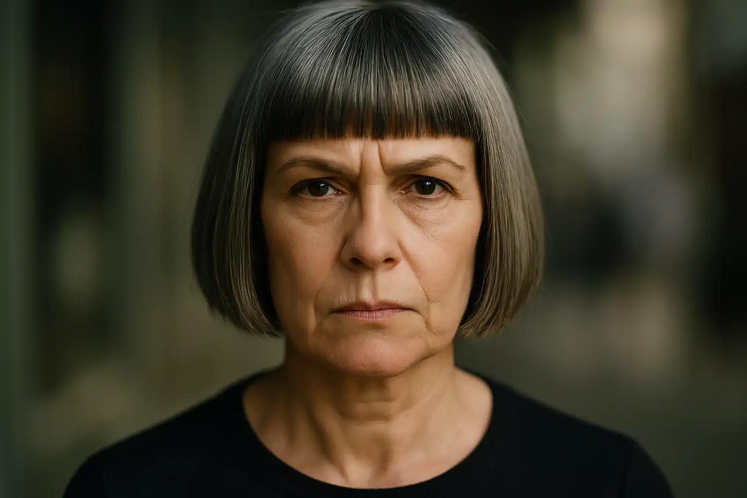 Mulher de 50+ com cabelo castanho grisalho, corte reto curto e franja espessa, expressão séria