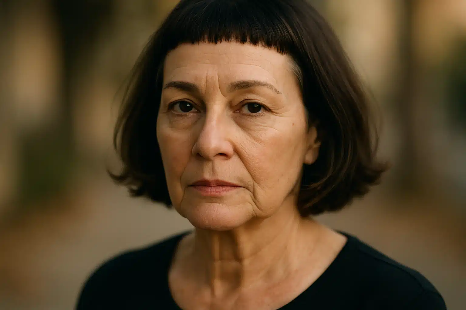 Mulher de cabelos curtos e escuros ainda a câmera com expressão séria e fundo desfocado