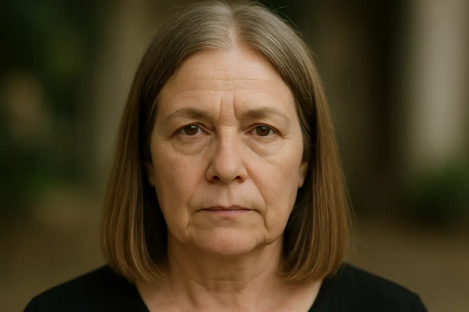 Mulher de cabelos castanhos lisos ainda a câmera com expressão neutra ao ar livre