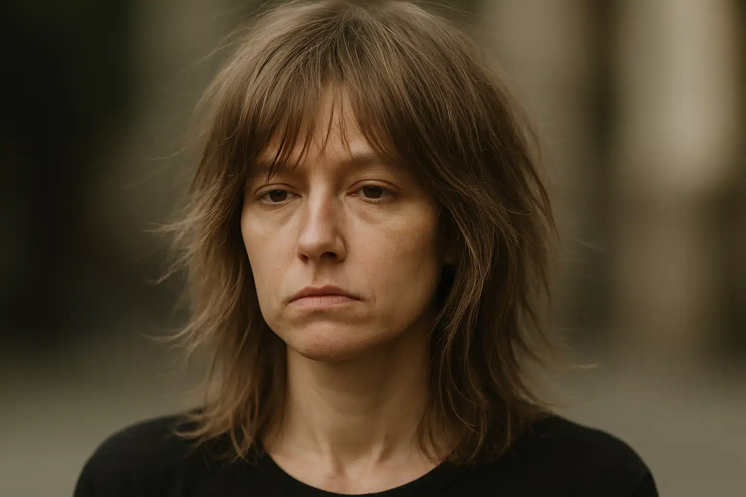 Mulher séria com cabelo repicado e sem volume aparente, expressão neutra