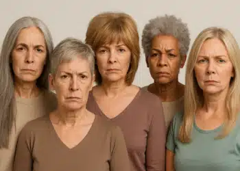 Cinco mulheres maduras olham fixamente para a câmera com expressões sérias e determinadas