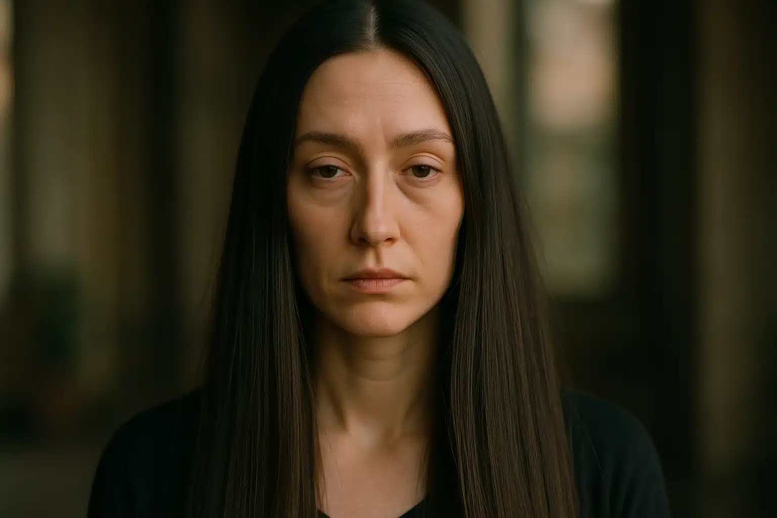 Mulher de cabelos lisos e longos encara a câmera com expressão neutra em local interno