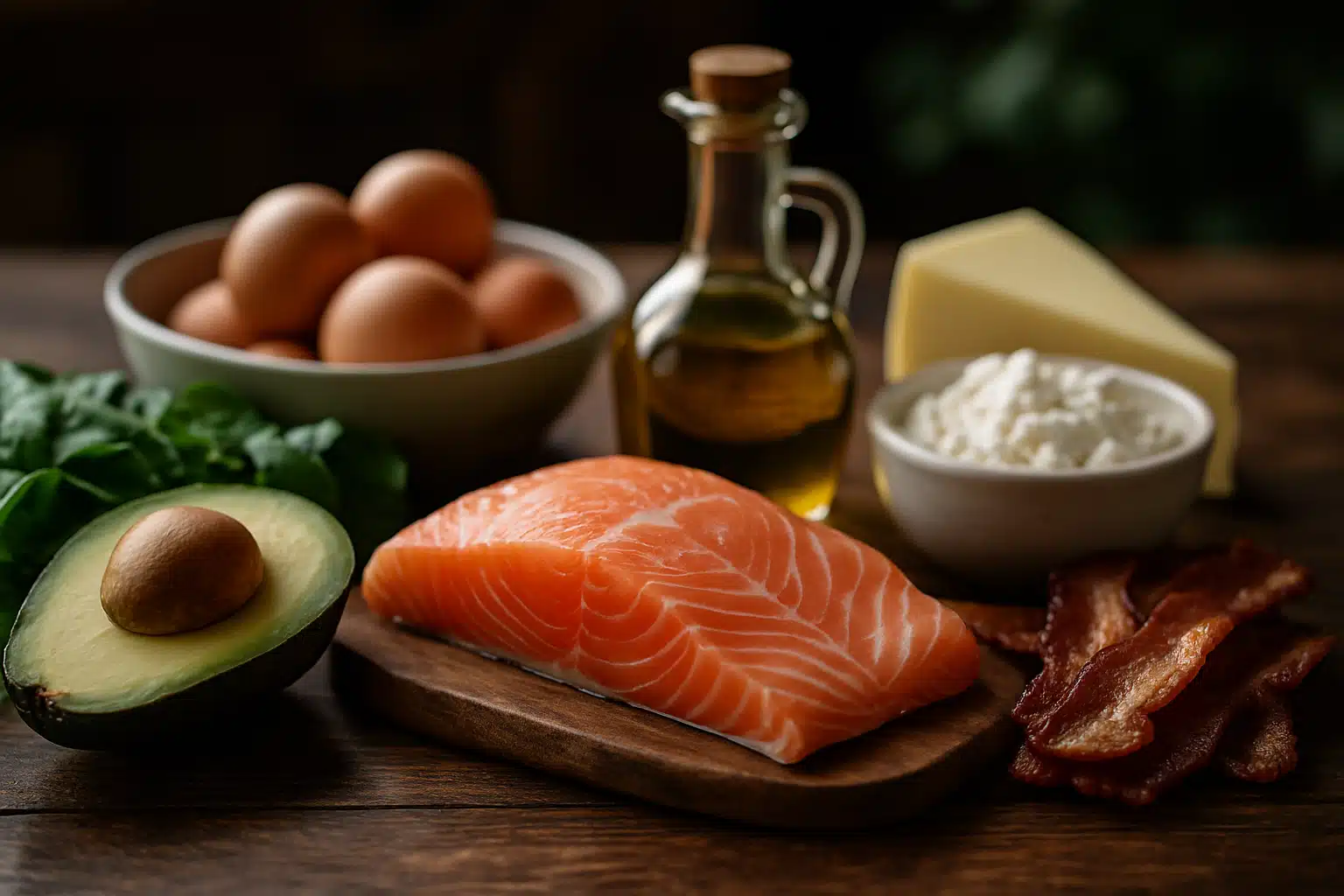 Salmão cru, ovos, abacate, bacon, queijo, óleo e folhas verdes dispostos juntos