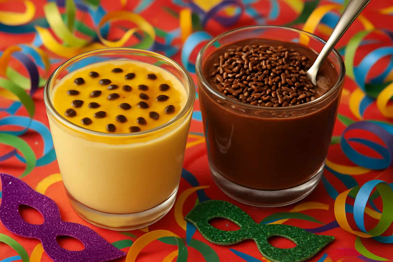 Dois copos de mousse, um de maracujá e outro de chocolate, com confetes de Carnaval ao fundo