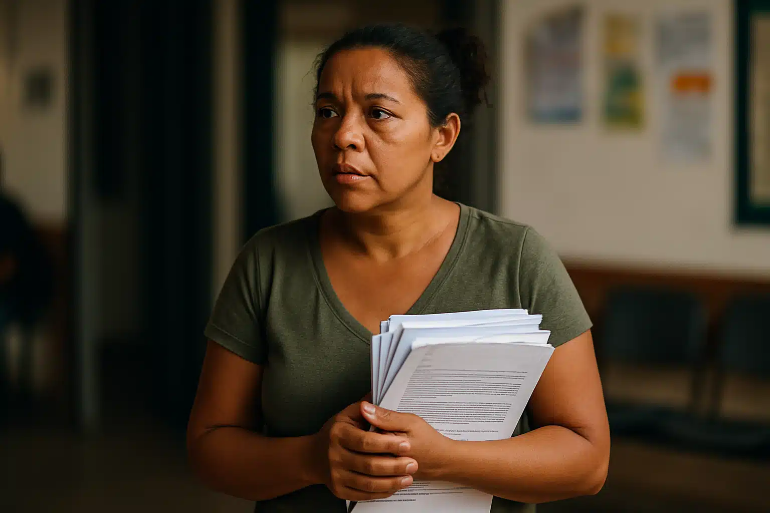  Mulher segurando pilha de papéis com expressão concentrada em ambiente de espera.