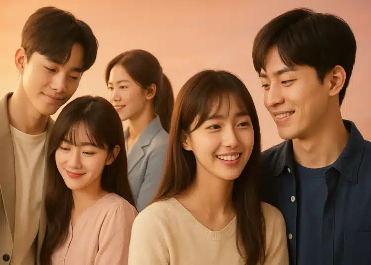 Dois casais jovens e uma mulher sorrindo juntos sob luz suave rosada