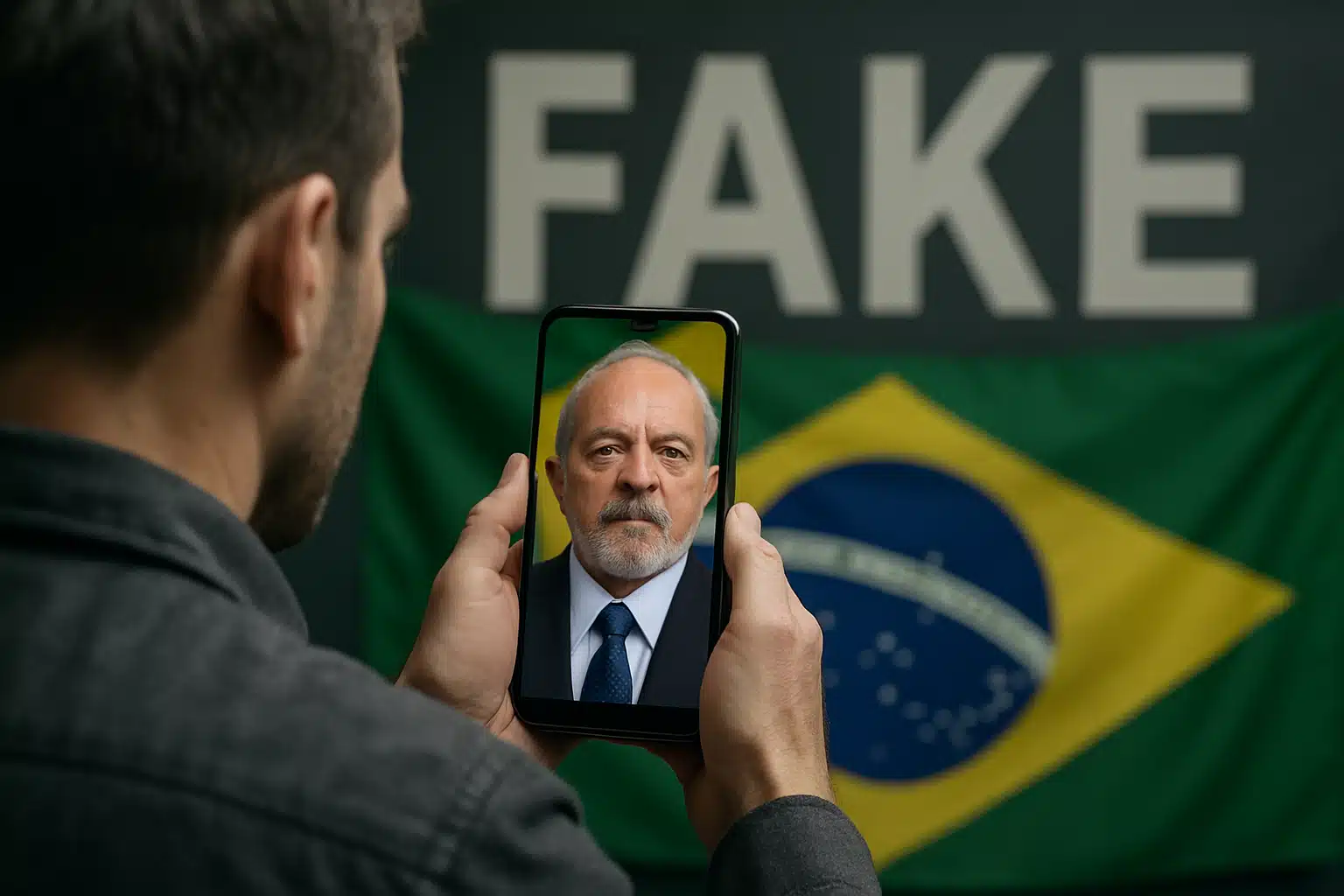 Homem segura celular exibindo rosto de outra pessoa diante de uma bandeira do Brasil com a palavra 'FAKE' ao fundo.
