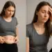 Mulher segurando a barriga e demonstrando desconforto físico