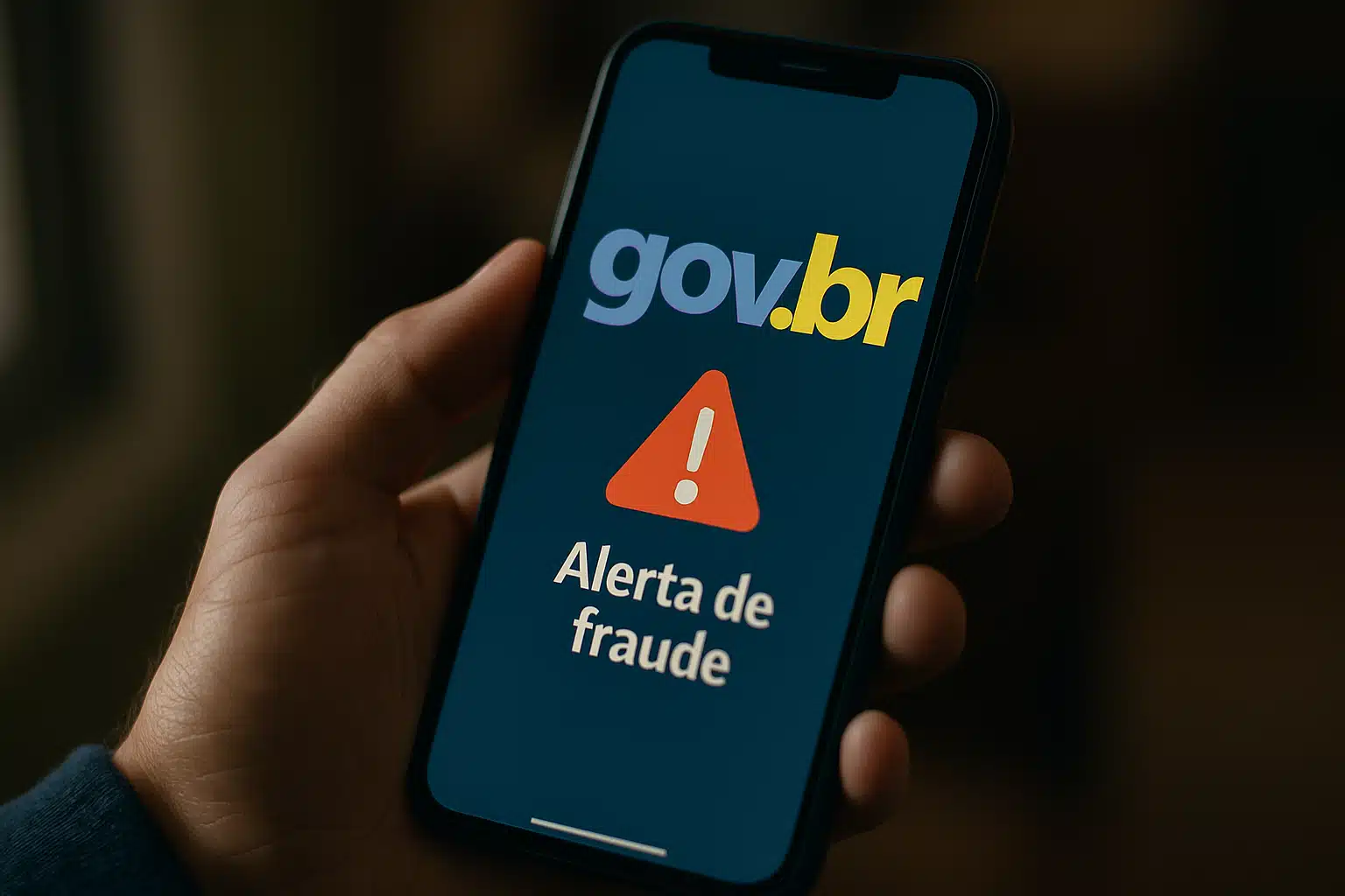 Mão segura celular exibindo alerta de fraude no aplicativo gov.br, com triângulo vermelho