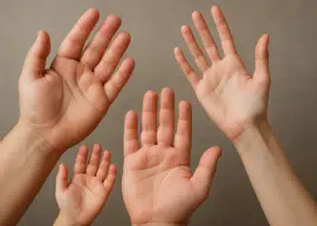 Quatro mãos de diferentes tamanhos levantadas