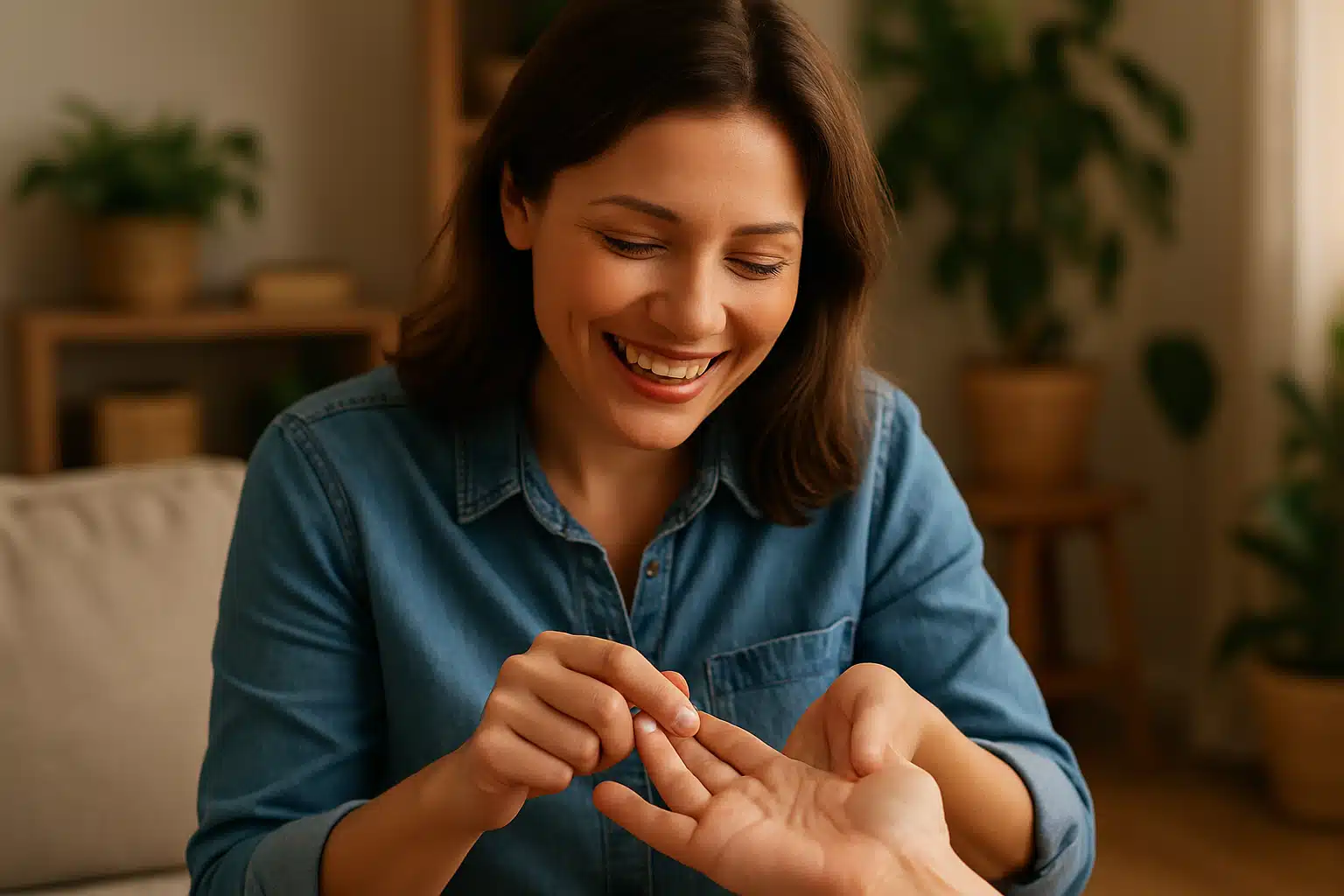 Mulher sorrindo fazendo leitura de palma da mão