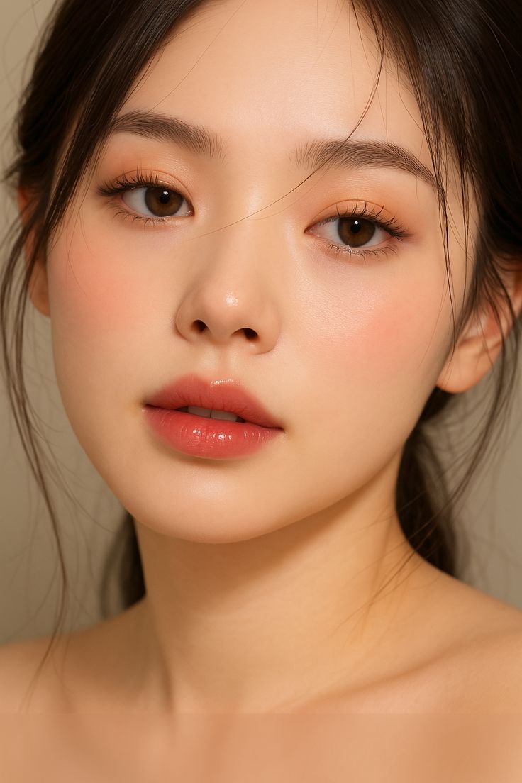 Jovem com maquiagem suave, pele iluminada e lábios cor de pêssego em close facial
