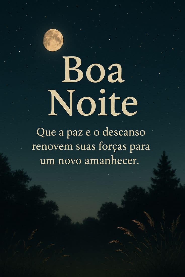 Lua cheia brilhando em céu estrelado com mensagem de boa noite e silhueta de árvores