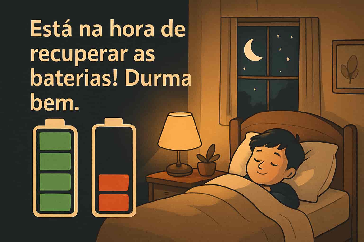 Criança deitada na cama dormindo profundamente com ilustração de baterias carregadas e descarregadas ao lado