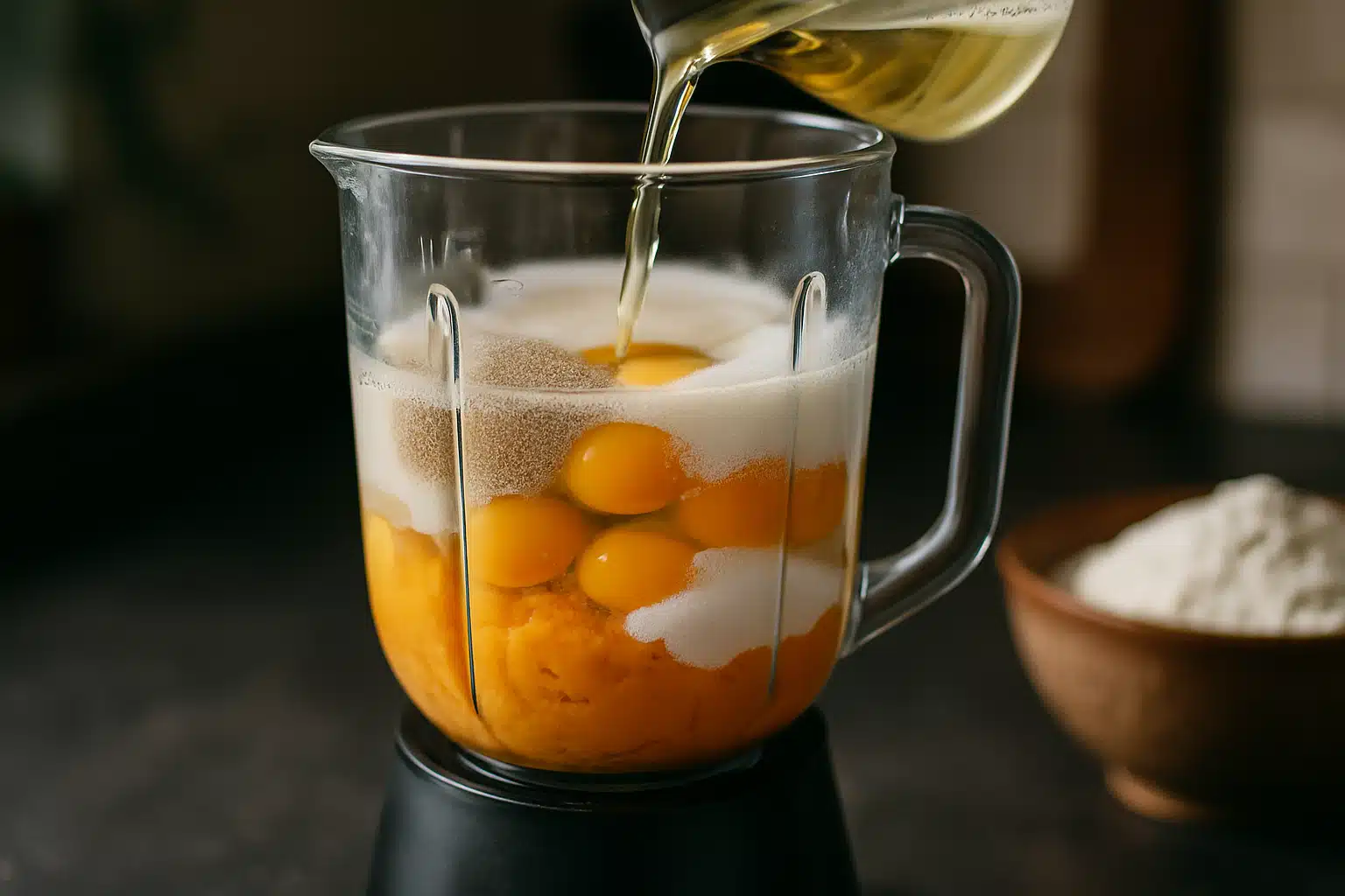 Ovos, batata doce, fermento e óleo sendo adicionados a um liquidificador em bancada