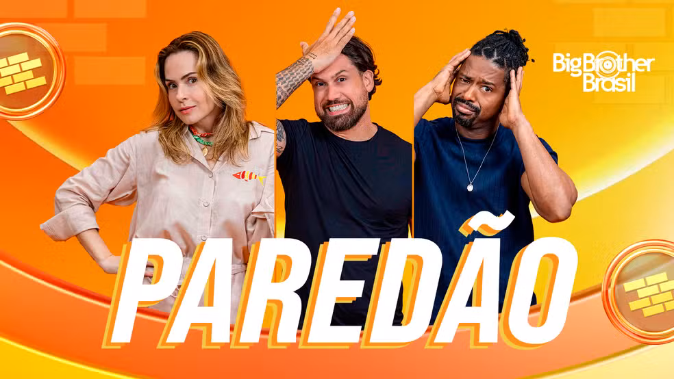 Arte do paredão do BBB 2026 com três participantes em destaque, expressões tensas e a palavra “Paredão” em letras grandes ao centro.