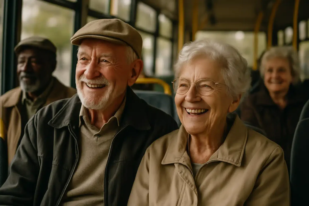 Casal de idosos dentro de ônibus enquanto consulta como solicitar passagem gratuita em 2026.