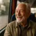 Idoso sorrindo dentro de ônibus durante viagem com passagem gratuita no feriadão.