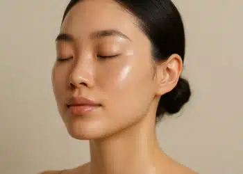 Mulher de olhos fechados exibe pele hidratada e iluminada em fundo neutro.