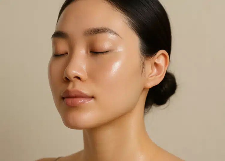 Mulher de olhos fechados exibe pele hidratada e iluminada em fundo neutro.