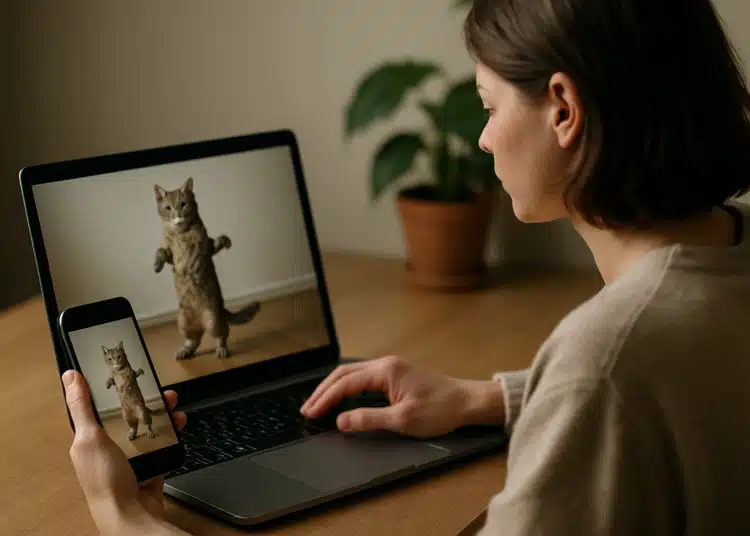 Mulher usando notebook e celular, ambos exibindo foto de gato em pé.