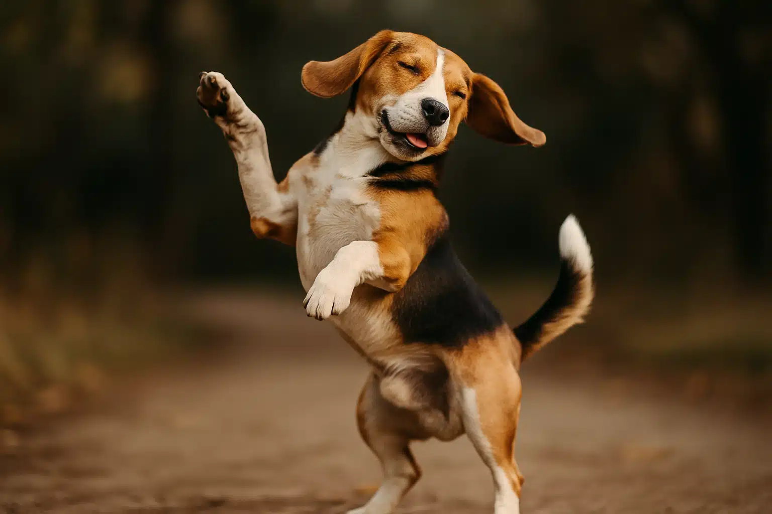  Cachorro da raça beagle pulando com patas erguidas e expressão feliz em caminho de terra.