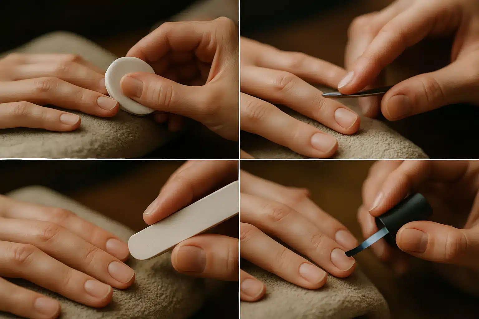 Mãos femininas recebendo cuidados de manicure com algodão, espátula, lixa e pincel de esmalte