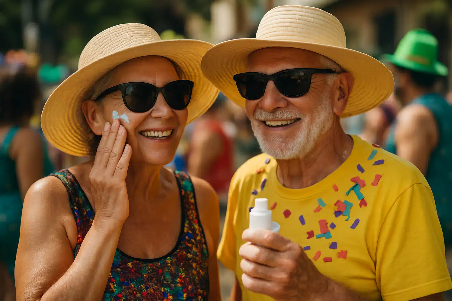 : Mulher idosa aplicando protetor solar no rosto ao lado de homem sorridente com chapéu e confetes
