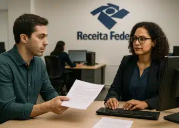 Homem entrega documento para funcionária da Receita Federal em balcão de atendimento