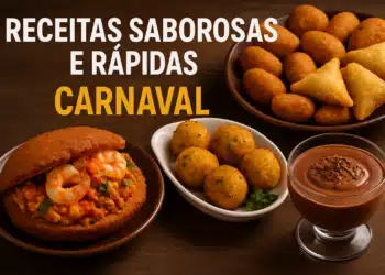 Mesa com comidas típicas de carnaval e texto receitas saborosas e rápidas