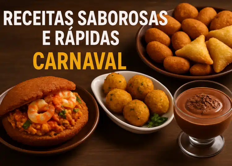 Mesa com comidas típicas de carnaval e texto receitas saborosas e rápidas