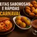 Mesa com comidas típicas de carnaval e texto receitas saborosas e rápidas