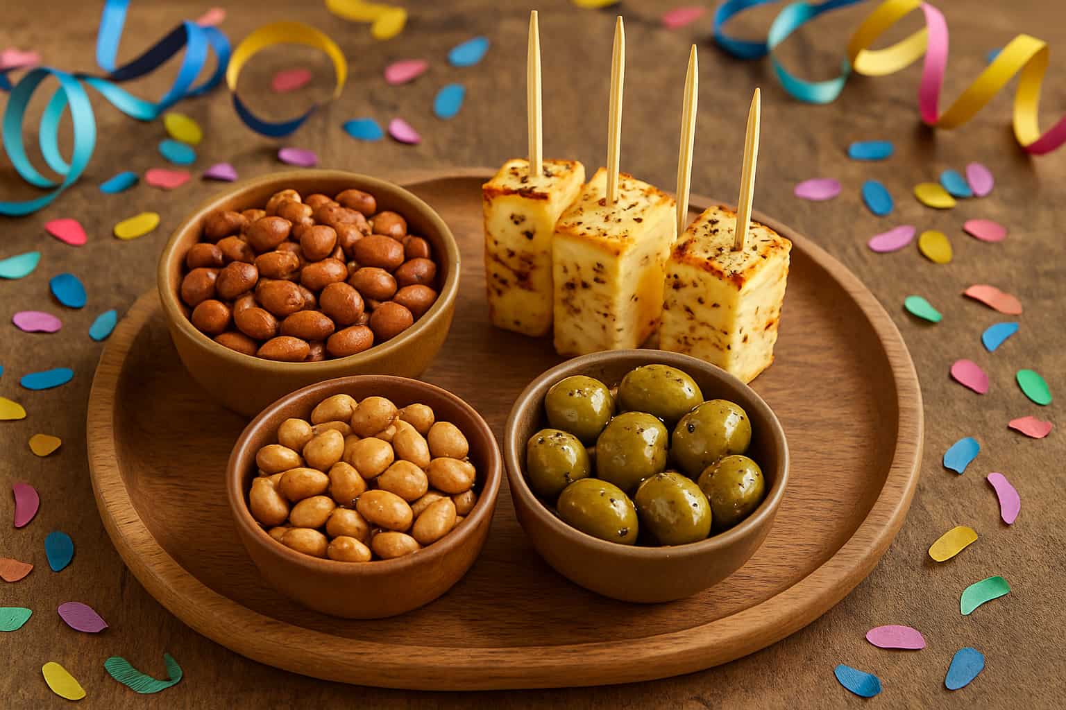 Tábua com petiscos, incluindo queijo, azeitonas e amendoins