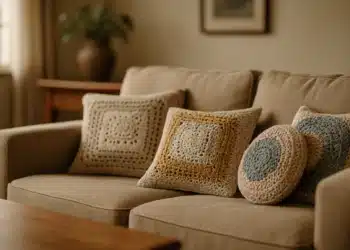 Capas de almofada em crochê de tons claros arrumadas sobre sofá bege em ambiente aconchegante