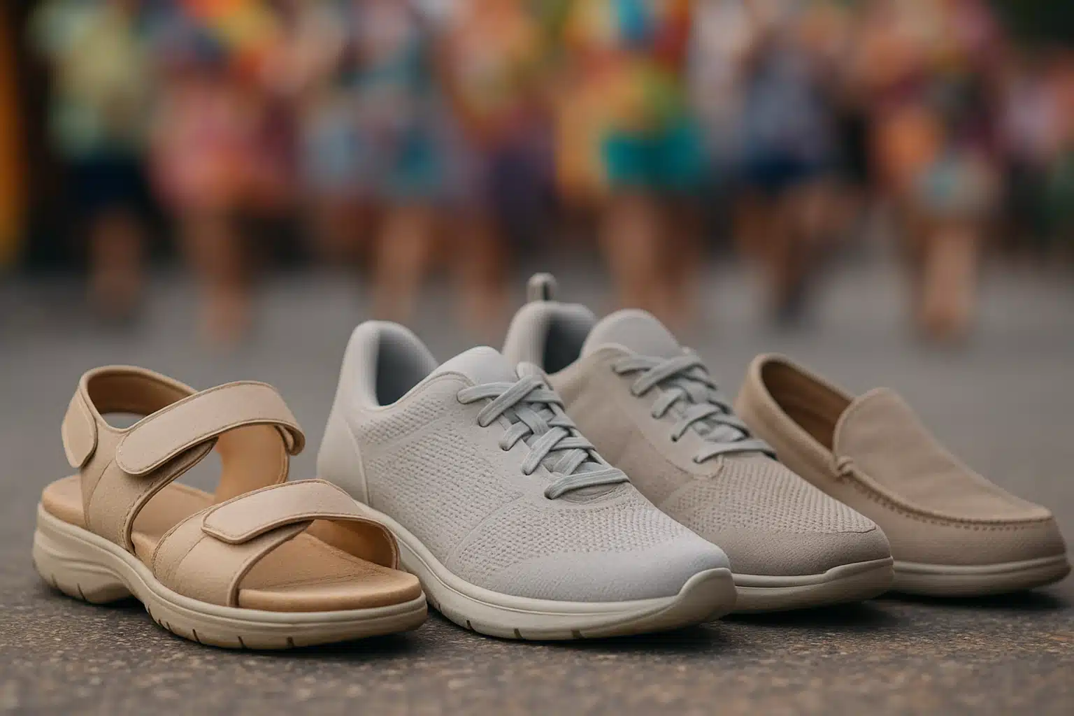 Três pares de sapatos e uma sandália claros alinhados em rua pavimentada