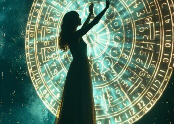 Mulher de braços erguidos observa círculo de símbolos luminosos em ambiente escuro