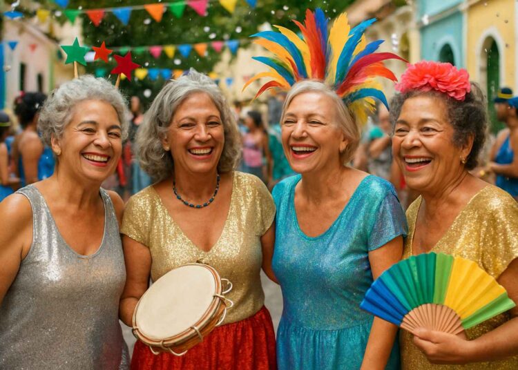 Quatro mulheres maduras sorrindo fantasiadas, segurando pandeiro e leque, com confetes e bandeirinhas ao fundo