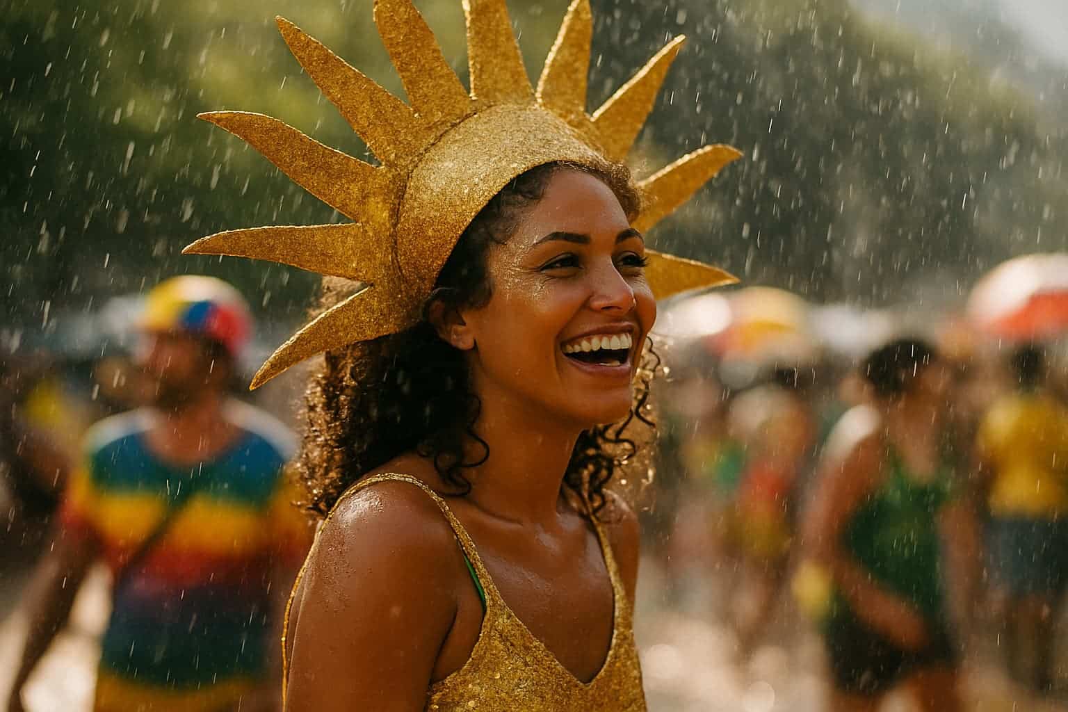 Mulher fantasiada de sol sorri sob chuva leve em bloco de rua no Carnaval