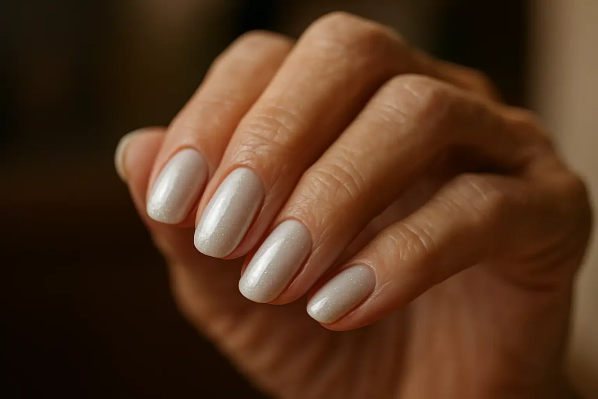 Unhas pérola com brilho suave representam tendência de esmalte para o Carnaval 2026.