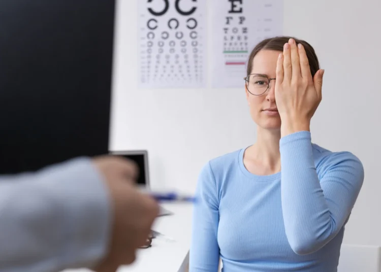 Mulher realizando exercício ocular com a mão cobrindo um dos olhos, visando melhorar a visão.