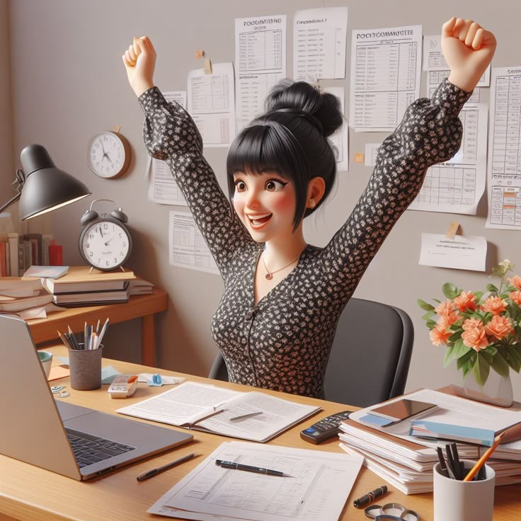 Jovem de cabelos escuros levanta braços em comemoração em mesa com papéis, laptop e relógios ao fundo