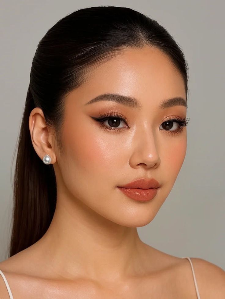 Mulher com delineado coreanasa marcado, pele iluminada, batom nude e brinco de pérola.