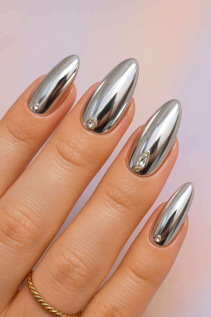 Unhas alongadas cromadas com brilho intenso e pedrarias decorando pontas dos dedos.