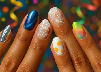 Mão exibindo unhas longas decoradas com efeito metalizado, pérolas, bolinhas e cores vibrantes, fundo desfocado.